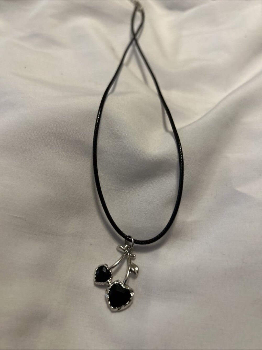 Black Heart Cherry Design Silver  Tone Choker on 18” Black Cord Nylon Cord
